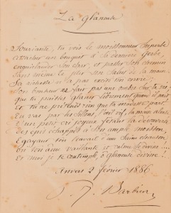 PAUL JULES BARBIER (1825 - 1901), full signature on a hand-written poem, "La glaneuse" dated 2nd February 1886.