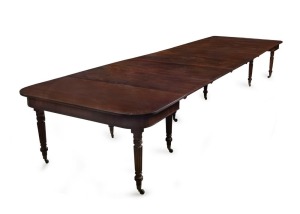 GILLOW & Co. style "Imperial" model English mahogany banquet dining table, with ten legs and six extension leaves, 20th century, 73cm high, 134cm long (extends to 498cm), 142cm deep