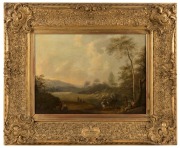 JAN WYNANTS&nbsp;(attributed), (1632-1684), (figures in a horse-drawn cart conversing with others on a path in an extensive landscape), oil on canvas, with notation verso in German, housed in an attractive 19th century gilt frame with artist cartouche lower ce