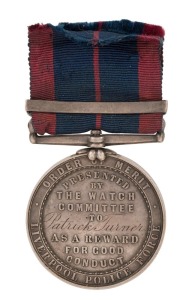 LIVERPOOL CITY POLICE Order of Merit 1851, 1 clasp (blank), obverse: coat-of-arms, reverse in raised letters (name engraved), ‘Order of Merit, Presented by the Watch Committee to Patrick Turner as a reward for Good Conduct, Liverpool Police Force’, 36mm.,