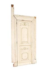 Antique English door & matching surround in the Adams style with rustic cream-painted finish. Door height 224.5cm, width 80cm. Frame height 251cm, width 124cm