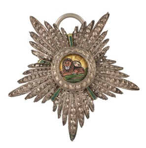 PERSIA: QAJAR DYNASTY hand-painted five-pointed star in enamel and silver-gilt, Order of The Lion and The Sun officer's neck medal, circa 1850s.