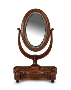 An antique French walnut and parquetry pedestal dressing mirror with original scalloped edge mirror, 18th/19th century,