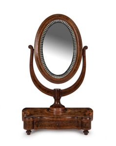 An antique French walnut and parquetry pedestal dressing mirror with original scalloped edge mirror, 18th/19th century, 