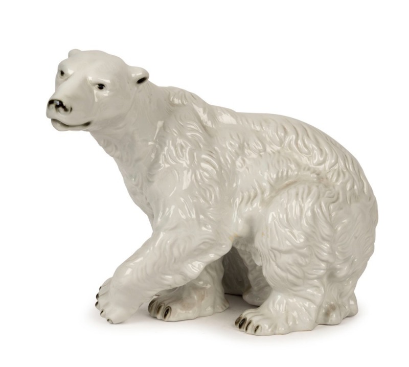 ROYAL DUX "Polar Bear" Czechoslovakian porcelain statue, pink triangle and green factory mark to base, 31cm high, 40cm long