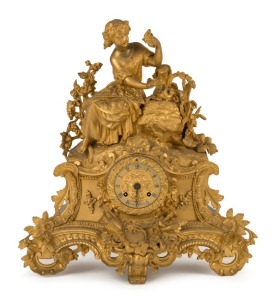 An antique French mantle clock in ormolu figural case with eight day time and strike movement and Roman numerals, 19th century, 43cm high