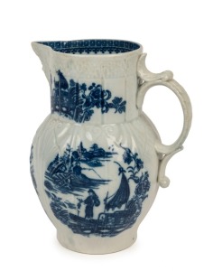 Antique English blue and white sparrow beak porcelain ale jug, 18th century, stamped "S", ​​​​​​​18.5cm high