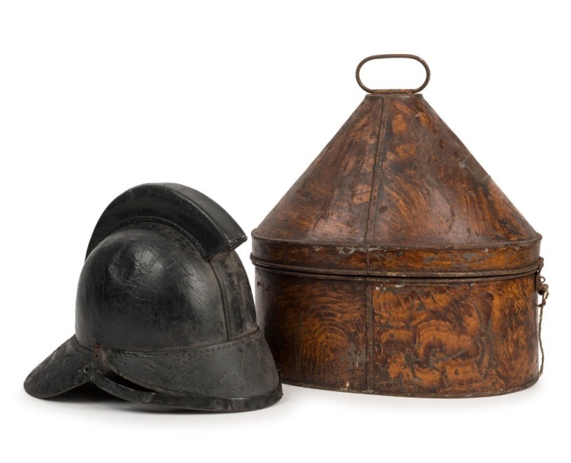 FIRE BRIGADE antique leather covered helmet, with metal hat tin, 19th century, (2 items)