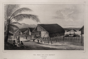 Alexis Noel after Louis Auguste De Sainson (1801-1887) VUE PRISE SUR L'ILE MASMAPI au havre Dorey. (N'elle Guinee), lithograph, 25 x 41 cm, From Dumont d&rsquo;Urville&rsquo;s 'Voyage de la corvette l'Astrolabe. Atlas historique.&rsquo;, 1833.