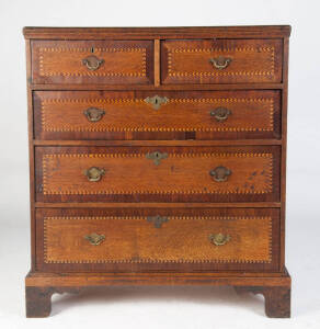 Georgian oak chest of 5 drawers with barber pole string inlay & mahogany cross banding. Height 102cm, width 93cm, depth 50cm