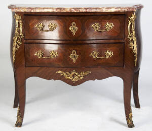 French Commode in the Louis XV style with rouge marble top & ormolu mounts. Height 85cm, width 105cm, depth 53cm