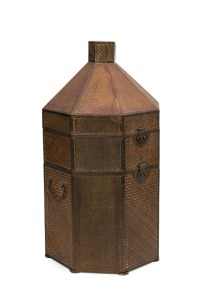 An antique Chinese travelling hat case vanity box, woven copper and brass with lacquered interior, Qing Dynasty, 19th century, 69cm high