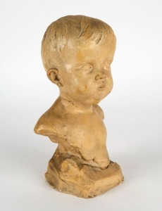 S. MORANI painted chalk ware bust of a child, signed "S. Morani, 1918", 25cm high