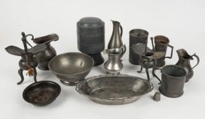 126 · Assorted antique and vintage pewter jugs, bowls, Chinese libation cups, cannister, measure etc., (13 items), the cannister 16cm high