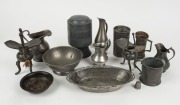 Assorted antique and vintage pewter jugs, bowls, Chinese libation cups, cannister, measure etc., (13 items), the cannister 16cm high