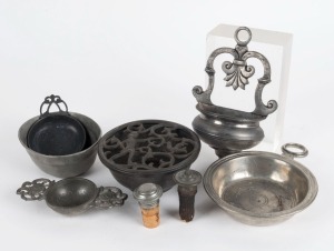 128 · Antique pewter tastevin, wall font, wine strainer, decanter stopper and assorted dishes, 18th and 19th century, (7 items), the font 17cm high