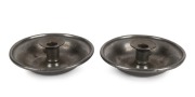 A pair of Georgian pewter candle holders with removable drip pans, 18th century, 17cm diameter