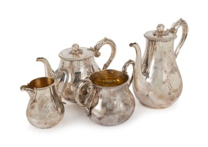 An antique silver plated four piece tea service in fitted timber case, 19th century, the coffee pot 23cm high