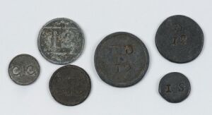 133 · HOP TOKENS collection of six antique pewter tokens from Sussex, England, the largest 12d