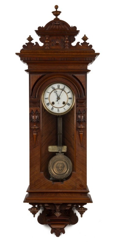 GUSTAV BECKER antique German wall clock in walnut case with spring driven eight day time and strike movement, two piece enamel dial with Roman numerals, late 19th century, ​​​​​​​105cm high overall