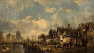 ALFRED MONTAGUE (1832-1883), A French Market Place, oil on canvas, signed lower right, titled verso with stock number and gallery label, 27 x 47cm, 52 x 72cm overall