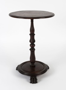 William IV antique English mahogany wine table with claw feet, 62cm high, 43cm diameter