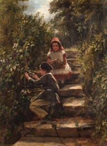 GEORGE WELLS (British, active circa 1842–1888), The Blackberry Gatherers, oil on canvas, signed lower left "G. Wells, 1857, titled verso "No.1 Blackberry Gatherers, by George Wells, 1857", 50 x 40cm, 72 x 60cm overall