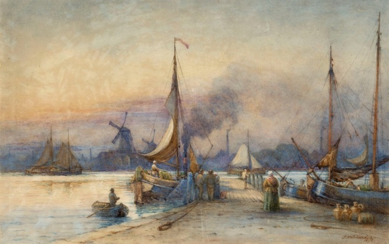 THOMAS HALE-SANDERS (British, active in the last quarter of the 19th century), (English coastal dock scene), watercolour, signed lower right "T. Hale-Sanders, 1895", 47 x 71cm, 74 x 99cm overall