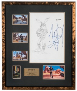 MICHAEL JACKSON 1958 - 2009, Large "Michael Jackson, love" signature in blue felt tip pen on an original pencil sketch or a rabbit named Spike who has been dressed very similarly to Jackson as he appeared in the Grammy winning video Moonwalk. The signed p