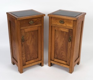 An antique pair of European ash bedside cupboards with inset marble tops, 19th century, 76cm high, 39cm wide, 34.5cm deep