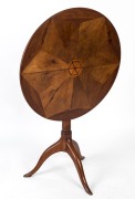 An antique French&nbsp;walnut tilt-top occasional table with segmented top, satinwood paterae, cylinder trunk and tripod base, 19th century, 74cm high, 71cm diameter - 2