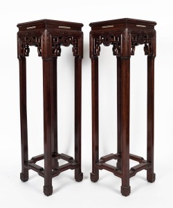 A pair of Chinese rosewood planter stands, inlaid with mother of pearl and bone, mid 20th century, 121cm high, 36cm wide, 36cm deep