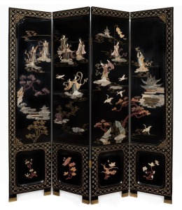 A Chinese four-fold lacquered screen with carved stone inlay and hand-painted decoration, 20th century, 182cm high, 164cm wide