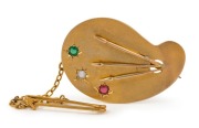 ARTIST'S PALLET antique 9ct yellow gold brooch, set with coloured stones, housed in a plush box, 19th century, stamped "9ct", ​​​​​​​3.5cm wide, 7.8 grams