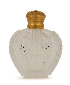 An antique cut crystal perfume bottle with 18ct gold hinged top adorned with scrolling cannetille work, 19th century, ​​​​​​​9cm high, 