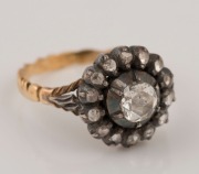 An antique 18ct yellow gold and diamond cluster ring in the Georgian style, set with fifteen rose cut diamonds mounted in sterling silver, 19th century, ​​​​​​​4.4 grams total - 2