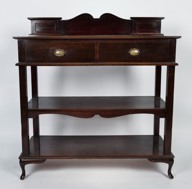 An antique English walnut two drawer servery, early 20th century, 125cm x 115cm x 51cm