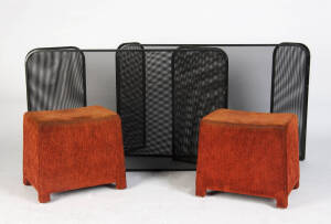 Pair of modern folding black metal spark screens and pair of upholstered modern foot stools.