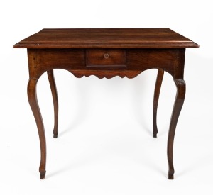 An antique French provincial stained ash side table with single drawer and cabriole legs, 19th century, 69cm high x 79cm wide x 62cm deep