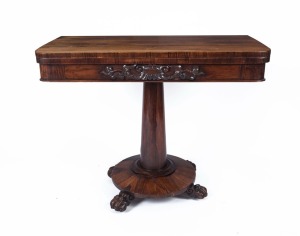 A William IV rosewood fold-over card table, circa 1840, 74cm high, 92cm wide, 45cm deep