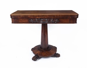 A William IV rosewood fold-over card table, circa 1840, ​​​​​​​74cm high, 92cm wide, 45cm deep