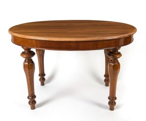 An antique English oval walnut campaign table, circa 1845, 73cm high, 120cm wide, 92cm deep