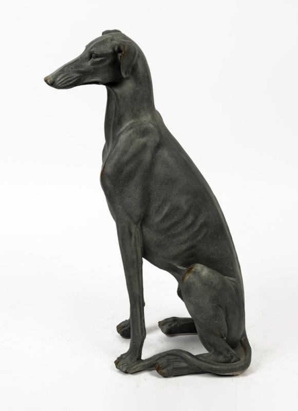 A greyhound statue, chalk ware with metallic finish, 20th century, 77cm high, 32cm deep