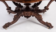 A fine antique English burr walnut centre table with handsome quarter book-matched veneered shaped top, and superbly carved basket base, 19th century, 72cm high, 152cm wide, 111cm deep - 2