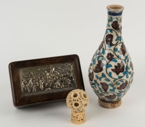 Indian pottery vase, antique Chinese carved ivory puzzle ball on base, together with a Continental repousse silver topped oak box, (3 items), the vase 21cm high