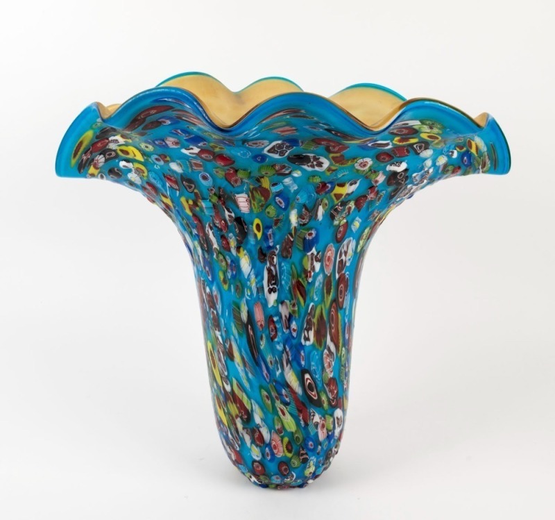 A blue Murano glass vase with candy cane inclusions and flared rim, an impressive 42cm high and 46cm wide