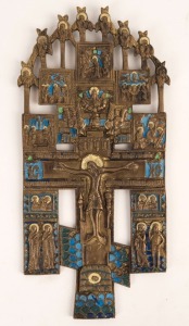 OLD BELIEVERS Russian bronze icon cross with remains of blue enamel decoration, 20th century, 24cm high