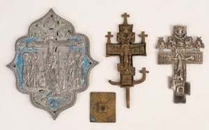 OLD BELIEVERS Russian bronze shrine cross, together with a silver cross, and a white metal icon with remains of blue finish, 19th/ 20th century, (3 items), the silver example 11cm high