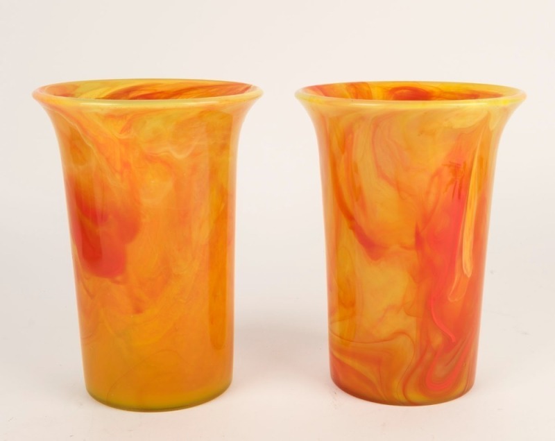 DAVIDSON pair of orange "Cloud Glass" daffodil vases, circa 1930, model No. 712, ​​​​​​​20cm high