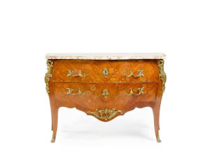 French marquetry commode in the Louis XV style. Ormolu mounts & handle, with rouge marble top. Late 18th to early 19th century. Height 88, width 126cm, depth 50cm